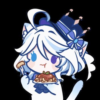 1girl :3 ahoge ahoge_wag animal_ears animated animated_gif blue_bow blue_eyes blue_hat bow cat_ears cat_girl chibi eating expressive_hair food furina_(genshin_impact) gan_le_buneng genshin_impact hat hat_bow heterochromia holding holding_plate macaroni multicolored_hair pasta plate short_hair solid_circle_eyes solo streaked_hair tail tail_wagging top_hat wavy_hair