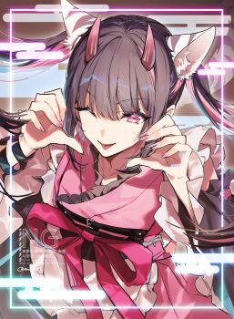 1boy animal_ear_fluff animal_ears black_hair cho_kaguya-hime! commentary_request crossdressing crossdressing_(mtf) half-heart_hands highres horns japanese_clothes kimono komazawa_noi long_hair multicolored_hair no-kan one_eye_closed pink_eyes solo tongue tongue_out