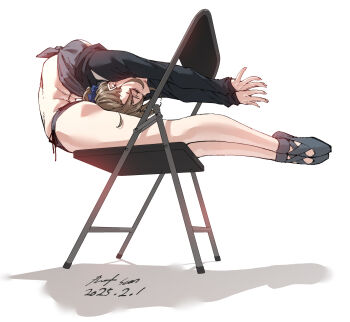 1girl attitude_(pose) ballerina ballet ballet_slippers briefs chair closed_eyes exercising flexible high_ponytail highres male_underwear nabipenciller on_chair original ponytail short_ponytail underwear