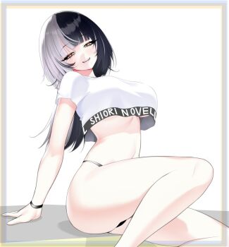 Rule 34 | 1girl, bikini, bikini under clothes, black hair, blush, breasts, character name, crop top, cropped shirt, grey hair, hair ornament, highleg, highleg bikini, hololive, hololive dance practice uniform, hololive english, large breasts, long hair, long sleeves, looking at viewer, midriff, multicolored hair, navel, official alternate costume, open mouth, porougon, satin, satin bikini, shiny clothes, shiny swimsuit, shiori novella, shirt, silver bikini, smile, solo, split-color hair, sports bra peek, sweat, swimsuit, two-tone hair, virtual youtuber, white background, white shirt, workout clothes, yellow eyes