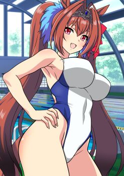 1girl absurdres animal_ears breasts brown_hair commentary_request competition_swimsuit covered_navel cowboy_shot daiwa_scarlet_(umamusume) hair_intakes hand_in_pocket highleg highleg_one-piece_swimsuit highres horse_ears horse_girl horse_tail indoors long_hair medium_breasts one-piece_swimsuit pool red_eyes solo swimsuit tail tiara twintails two-tone_swimsuit umamusume very_long_hair white_one-piece_swimsuit yuuyuu_(3jjbn)