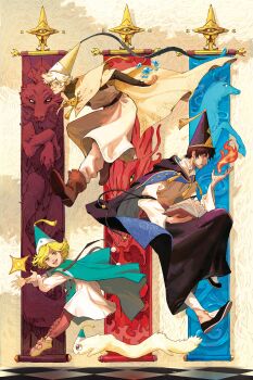 Rule 34 | 1girl, 2boys, absurdres, animal, banner, black hair, blonde hair, blue eyes, book, brown eyes, brown shoes, brushbuddy, casting spell, cloak, coco (tongari boushi no atelier), commentary, creature, dragon, english commentary, fingernails, glasses, hat, hat tassel, highres, holding, holding book, leggings, magic, multiple boys, olruggio (tongari boushi no atelier), open mouth, qifrey's atelier apprentice uniform, qifrey (tongari boushi no atelier), reindeer, shoes, short hair, tassel, teeth, tongari boushi no atelier, white hair, wolf, yukinnn