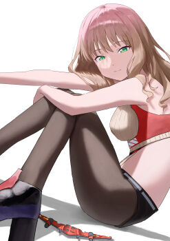 Rule 34 | 1girl, absurdres, bare shoulders, black shorts, breasts, brown hair, closed mouth, commentary request, green eyes, gridman universe, hair between eyes, high heels, highres, long hair, looking at viewer, medium breasts, minami yume, onakaitai ne, pantyhose, shorts, sitting, smile, solo, ssss.dynazenon, white background