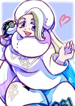 1girl blue_eyes breasts dynamax_band earrings fur_collar fur_hat gloves hat heart holding holding_poke_ball jewelry large_breasts long_hair long_sleeves mature_female melony_(pokemon) multicolored_hair nintendo open_mouth pantyhose pantyhose_under_shorts pearl_earrings plump poke_ball pokemon pokemon_swsh ring sachi_ohg123 shorts side_slit side_slit_shorts single_glove smile solo streaked_hair sweater teeth ultra_ball upper_body upper_teeth_only ushanka wedding_ring white_hat white_sweater