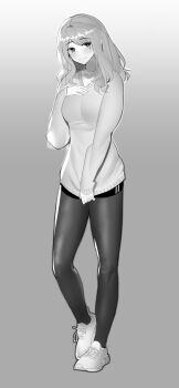1girl absurdres breasts clothes_tug commentary commission full_body greyscale highres leggings lumpychan medium_breasts mole mole_under_eye monochrome original shoes short_shorts shorts sleeves_past_wrists smile sneakers solo sweater sweater_tug