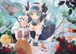 Rule 34 | 1girl, ace (playing card), ace of spades, animal ears, apron, aqua eyes, aqua hair, azur lane, breasts, card, card in mouth, cheshire (azur lane), cleavage, eight of diamonds (playing card), fake animal ears, five of hearts, flower, four of clubs, frilled hairband, frilled ribbon, frills, hairband, joker (playing card), large breasts, long ribbon, lucky daikichi, maid headdress, manjuu (azur lane), mouth hold, multicolored hair, nine of spades, playing card, purple apron, purple hair, red flower, red rose, ribbon, rose, see-through, see-through cleavage, seven of clubs, six of spades, solo, spade (shape), streaked hair, three of diamonds, tiered tray, wrist cuffs