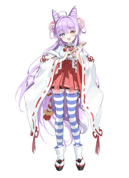 1girl :d absurdres ahoge bike_shorts blue_eyes cone_hair_bun dorok fang folded_fan folding_fan fox_girl hair_bun hair_ornament hair_rings hand_fan heterochromia highres kosode long_hair open_mouth pom_pom_(clothes) pom_pom_hair_ornament purple_hair purple_tail simple_background smile socks_over_thighhighs solo stellive tenko_shibuki two-tone_tail very_long_hair virtual_youtuber white_background yellow_eyes