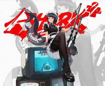 1girl absurdres belt black_hair black_pantyhose black_shoes colored_inner_hair ellen_joe fins fish_tail frilled_wristband hairband highres holding holding_weapon jaws_(movie) maid maid_headdress metal_hairband mole mole_under_eye multicolored_hair pantyhose razor_blade_hair_ornament red_nails scar scar_on_tail shark shark_girl shark_tail sharkboo_(zenless_zone_zero) shoes solo spiked_headband sticker tail television user_dxma2744 weapon white_background zenless_zone_zero