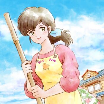 1girl apron bamboo_broom black_eyes black_hair blue_bow blue_sky bow broom building clock closed_mouth clothes_writing cloud commentary dutch_angle food_print fruit_print hair_bow holding holding_broom long_hair looking_to_the_side lowres maison_ikkoku otonashi_kyouko pink_shirt ponytail print_skirt sakai_yume shirt skirt sky smile solo window yellow_apron