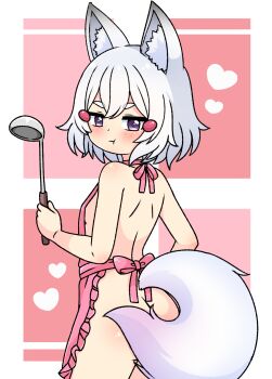 1girl 2kaze animal_ear_fluff animal_ears apron back blush breasts commentary cowboy_shot english_commentary fox_ears fox_girl fox_tail from_behind from_side heart highres ladle loli looking_at_viewer looking_back naked_apron phase_connect pout purple_eyes short_hair small_breasts solo standing tail tail_censor tenma_maemi virtual_youtuber white_hair