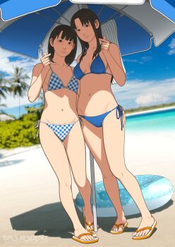 2girls absurdres arm_around_waist asian beach beach_umbrella bikini blue_bikini blurry blurry_background breasts brown_eyes brown_hair commentary_request dutch_angle flip-flops highres hip_bones innertube lips medium_breasts medium_hair mole mole_under_mouth multiple_girls navel original plaid_bikini plaid_clothes sandals shinchou_ni_kansuru_kousatsu side-tie_bikini_bottom small_breasts smile swim_ring swimsuit tree umbrella watermark web_address