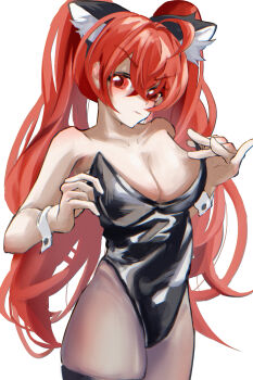Rule 34 | 1girl, alternate hairstyle, animal ears, annoyed, breasts, cat ears, cleavage, eris greyrat, highres, large breasts, legs, leotard, long hair, looking at viewer, mushoku tensei, no bra, pantyhose, pulling own clothes, red eyes, red hair, solo, thick thighs, thighs, twintails, very long hair