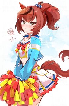 1girl animal_ears belt blue_jacket blush bow bowtie breasts brown_eyes brown_hair cheerleader closed_mouth commentary_request crop_top cropped_jacket ear_ornament hair_ornament hair_scrunchie holding holding_pom_poms horse_ears horse_girl horse_tail jacket kurumi_poke looking_at_viewer medium_hair midriff nice_nature_(run&amp;win)_(umamusume) nice_nature_(umamusume) nose_blush open_clothes open_jacket pom_pom_(cheerleading) pom_poms ponytail red_bow red_bowtie sailor_collar sailor_shirt scrunchie shirt simple_background skirt small_breasts solo squiggle sweat tail thighs umamusume white_background white_sailor_collar white_shirt white_skirt yellow_belt