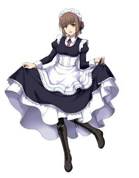 Rule 34 | 1girl, :d, absurdres, akatsuki no kiseki, apron, black pantyhose, black shirt, black skirt, boots, brown hair, duvalie, eiyuu densetsu, full body, green eyes, highres, lace-up boots, layered skirt, long skirt, long sleeves, looking at viewer, maid headdress, neck ribbon, open mouth, pantyhose, red ribbon, ribbon, sen no kiseki, sen no kiseki (series), sen no kiseki ii, shirt, short hair with long locks, sidelocks, skirt, skirt hold, smile, solo, transparent background, white apron, wing collar