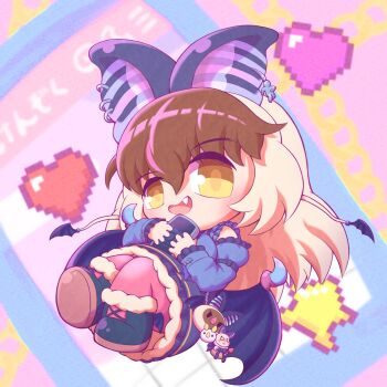 Rule 34 | 1girl, animal ears, bat ears, bat girl, bat wings, brown eyes, brown hair, brown long-eared bat (kemono friends), cellphone, daisantw, dress, earrings, extra ears, full body, grey hair, heart, highres, jewelry, kemono friends, kemono friends v project, long hair, looking at viewer, multicolored hair, phone, poporu (kemono friends), shirt, shoes, simple background, skirt, smartphone, streaked hair, stuffed toy, thighhighs, virtual youtuber, wings