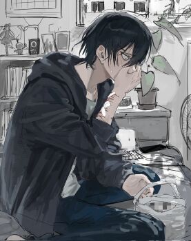 1boy bag bandaid bandaid_on_arm black_eyes black_hair black_jacket censored covered_mouth covering_own_mouth from_side highres hood hood_down hooded_jacket indoors jacket looking_down male_focus mosaic_censoring original plant plastic_bag potted_plant self-harm short_hair sini_user solo wrist_cutting