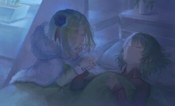 2girls absurdres aoi_erika bed black_hair blonde_hair bunk_bed cape flower fur-trimmed_cape fur_trim hair_flower hair_ornament heaven_burns_red highres indoors interlocked_fingers kea long_sleeves medium_hair minase_ichigo multiple_girls night pillow rose shirt short_hair sleeping yuri