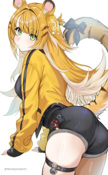 ! !? 1girl ? absurdres aged_up alternate_breast_size_(larger) animal_ears ass black_shirt black_shorts blonde_hair blue_bow blush bow breasts closed_mouth green_eyes harutoyumaarts highres jacket ju_fufu long_hair looking_at_viewer medium_breasts multicolored_hair o-ring o-ring_thigh_strap shirt short_shorts shorts sideboob solo tail tail_bow tail_ornament thigh_strap tiger_ears tiger_girl tiger_stripes tiger_tail two-tone_hair white_hair yellow_jacket zenless_zone_zero