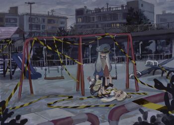 2girls agent_3_(splatoon) agent_3_(splatoon_3) black_shorts blonde_hair braid building captain_3_(splatoon) caution_tape closed_eyes dr_mice green_hair hat highres inkling inkling_girl inkling_player_character long_hair lying multiple_girls nintendo on_back outdoors park patchwork_clothes playground salmonid sandals shorts side_braid sky slide smallfry_(splatoon) splatoon_(series) splatoon_3 standing swing_set tentacle_hair