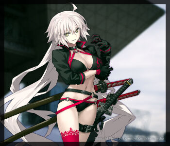 1girl ahoge bikini black_bikini black_gloves black_shrug breasts choker cleavage fate/grand_order fate_(series) gloves grey_hair grin jeanne_d&#039;arc_alter_(fate) jeanne_d&#039;arc_alter_(swimsuit_berserker)_(fate) katana konoe_ototsugu large_breasts long_hair long_sleeves looking_at_viewer navel o-ring o-ring_bikini red_thighhighs shrug_(clothing) single_thighhigh smile solo swimsuit sword thigh_strap thighhighs thighs very_long_hair weapon yellow_eyes