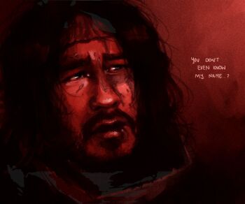 Rule 34 | 1boy, beard, black hair, bloodshot eyes, english text, facial hair, furrowed brow, hashtag-only commentary, headband, iron lung (movie), looking to the side, male focus, narrowed eyes, parted lips, portrait, red theme, short hair, simon (iron lung), sokodraws, solo, source quote, wavy hair
