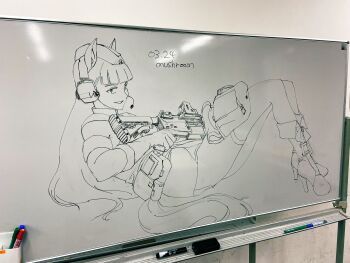 Rule 34 | 1girl, :d, animal ears, artist name, assault rifle, boots, dated, full body, gloves, gold ship (umamusume), gun, headphones, high heel boots, high heels, highres, holding, holding gun, holding weapon, horse ears, horse girl, horse tail, long hair, looking at viewer, lying, m4 carbine, marker, marker (medium), monochrome, mushroom (osh320), on back, open mouth, photo (medium), real life, rifle, shirt, sleeveless, sleeveless shirt, smile, solo, tail, traditional media, trigger discipline, umamusume, weapon, whiteboard, whiteboard (medium)