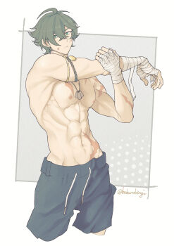 1boy abs bakurobingi bandaged_arm bandaged_hand bandages closed_mouth cropped_legs cross-body_stretch green_eyes green_hair hair_between_eyes highres lighter_(zenless_zone_zero) looking_at_viewer male_focus multiple_scars nipples pectorals scar scar_on_arm scar_on_chest scar_on_stomach shorts solo toned toned_male topless_male twitter_username zenless_zone_zero