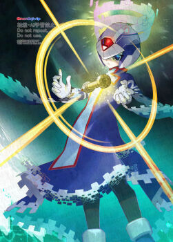 1boy black_background blue_background blue_eyes blue_helmet blue_robe cyber_elf_x_(mega_man) forehead_jewel halo helmet highres mega_man_(series) mega_man_x_(series) mega_man_zero_(series) robe solo x_(mega_man) yamanashi_taiki z_saber