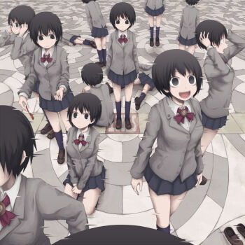 1girl black_eyes black_hair crazy death empty_eyes glasses multiple_persona original running school_uniform short_hair suicide time_paradox yajirushi_(chanoma)