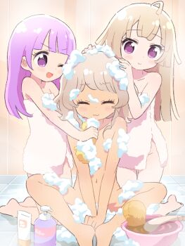 3girls :3 ahoge bad_id bad_pixiv_id barefoot basin bathing blonde_hair blunt_bangs closed_eyes closed_mouth convenient_censoring dark-skinned_female dark_skin facing_viewer flat_chest full_body hair_down hands_on_another&#039;s_head highres holding holding_sponge ikzw knees_apart_feet_together loli long_hair looking_at_another manaka_non manaka_non_(normal) multiple_girls naked_towel navel nude open_mouth pretty_series pripara purple_eyes purple_hair same-sex_bathing shared_bathing short_hair shower_head sitting smile soap_bottle soap_bubbles soap_censor sponge steam taiyo_pepper tile_floor tiles towel tsukikawa_chili tsukikawa_chili_(normal) v_arms washing washing_another washing_hair water