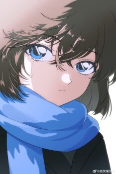 Rule 34 | 1girl, absurdres, bisho imobing hito, black coat, blue eyes, blue scarf, brown hair, closed mouth, coat, commentary request, haibara ai, hair between eyes, highres, looking at viewer, meitantei conan, portrait, sad, scarf, short hair, simple background, solo, tears, winter, winter clothes