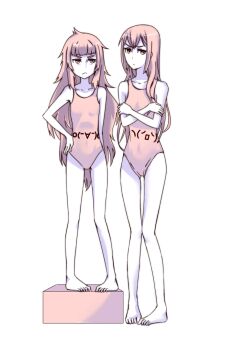 2girls annoyed barefoot breasts covered_navel flat_chest frown full_body hair_over_shoulder height_difference highres hiyajou_maho long_hair looking_at_viewer makise_kurisu messy_hair multiple_girls one-piece_swimsuit science_adventure simple_background small_breasts snve8253 steins;gate steins;gate_0 swimsuit very_long_hair