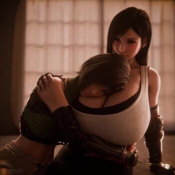 2girls 3d alternate_breast_size_(larger) animated breasts cleavage female_focus final_fantasy final_fantasy_vii fingerless_gloves gigantic_breasts gloves grabbing_another's_breast groping head_on_chest hug huge_breasts long_hair multiple_girls short_hair sitting tagme tifa_lockhart video vreya3d yuffie_kisaragi yuri