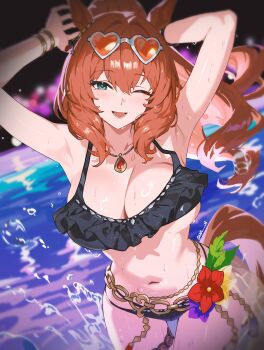 1girl absurdres animal_ears aqua_eyes armpits arms_up bikini black_bikini blurry blurry_background bracelet breasts brown_hair cleavage collarbone commentary eyewear_on_head hair_between_eyes heart heart-shaped_eyewear highres horse_ears horse_girl horse_tail jewelry large_breasts long_hair looking_at_viewer maruzensky_(hot_summer_night)_(umamusume) maruzensky_(umamusume) navel necklace night nvl one_eye_closed open_mouth ponytail pool smile solo stomach sunglasses swimsuit tail thigh_gap thighs twitter_username umamusume wading wet
