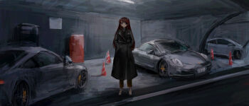 1girl absurdres aikatsu!_(series) black_coat brown_hair brown_pants car coat full_body hairo_(r228n) highres long_hair long_sleeves motor_vehicle pants porsche purple_eyes shibuki_ran sketch_background solo standing traffic_cone