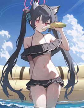 1girl animal_ear_fluff animal_ears bare_arms bare_legs bare_shoulders bikini black_bikini black_hair blue_archive breasts cat_ears cloud cloudy_sky collarbone cowboy_shot day extra_ears food frilled_bikini frills fruit halo highres holding holding_food holding_fruit long_hair mellow_(srpp4843) navel off_shoulder official_alternate_costume outdoors pink_halo red_eyes serika_(blue_archive) serika_(swimsuit)_(blue_archive) sky small_breasts solo swimsuit twintails wet