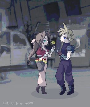 1boy 1girl aerith_gainsborough armor bandaged_arm bandages bangle basket black_boots blonde_hair blue_eyes blue_pants blue_shirt bluelimbo8888 boots bracelet braid braided_ponytail brown_boots brown_gloves brown_hair cloud_strife cropped_jacket dated dress earrings final_fantasy final_fantasy_vii flower flower_basket gloves green_eyes hair_ribbon highres holding holding_basket holding_flower jacket jewelry light_smile lily_(flower) long_dress long_hair looking_at_another pants parted_bangs pauldrons pink_dress pink_ribbon puffy_short_sleeves puffy_sleeves red_flower red_jacket red_tulip ribbon shirt short_hair short_sleeves shoulder_armor sidelocks single_braid single_earring single_pauldron sleeveless sleeveless_turtleneck spiked_hair standing suspenders tulip turtleneck twitter_username yellow_flower