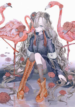 1girl absurdres ao_lemon bird black_coat blue_eyes boots coat expressionless flamingo flower grey_hair hair_flower hair_ornament hair_over_one_eye highres isekaijoucho kamitsubaki_studio long_hair multicolored_hair red_eyes sitting solo traditional_media two-tone_hair very_long_hair virtual_youtuber wavy_hair