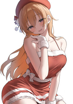 1girl absurdres bare_arms blush breasts brown_hair cleavage collarbone commentary_request curvy dress gloves hair_between_eyes hat highres konoe_kanata large_breasts long_hair looking_at_viewer love_live! love_live!_nijigasaki_high_school_idol_club open_mouth purple_eyes red_dress red_hat santa_costume santa_dress sidelocks smile solo white_gloves yuu_(shampoohatslime)