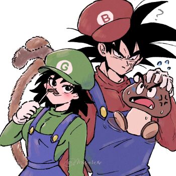 1boy 1girl ? anger_vein bardock black_eyes black_hair blue_overalls blush closed_mouth commentary cosplay crossover dragon_ball dragon_ball_minus facial_scar fake_facial_hair fake_mustache flying_sweatdrops gine gloves goomba green_hat green_shirt hat highres husband_and_wife ireba_sui long_sleeves looking_at_another luigi luigi_(cosplay) mario mario_(cosplay) mario_(series) nintendo overalls red_hat red_shirt scar scar_on_cheek scar_on_face shirt smile spiked_hair symbol-only_commentary tail twitter_username upper_body white_gloves