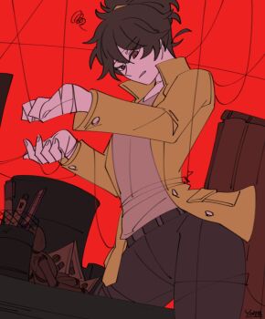 1girl black_pants brown_hair clenched_teeth cowboy_shot desk elena_(project_moon) force_(4sk_force) library_of_ruina long_sleeves medium_hair pants ponytail project_moon puppet_strings red_background red_eyes shirt simple_background solo teeth white_shirt