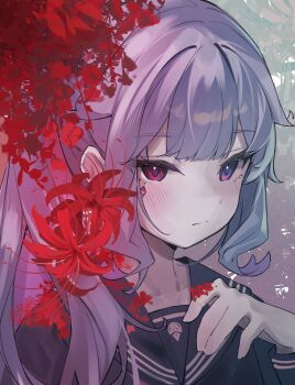 1girl absurdres collarbone cosplay flower highres hololive hololive_english koseki_bijou long_hair looking_at_viewer pale_skin ponytail purple_eyes purple_hair red_ribbon ribbon ricke_2002 school_uniform shimizu_hinako shimizu_hinako_(cosplay) silent_hill_(series) silent_hill_f simple_background spider_lily very_long_hair virtual_youtuber