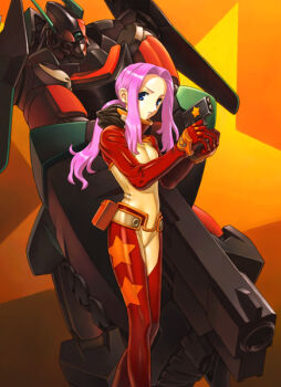 Rule 34 | 1girl, belt pouch, blue eyes, bodysuit, commentary request, darry adai, finger on trigger, gun, hair intakes, handgun, holding, holding gun, holding weapon, kado tsukasa, long hair, looking at viewer, mecha, mecha pilot suit, official art, orange background, pink hair, ponytail, pouch, red bodysuit, robot, sidelocks, solo, star (symbol), star print, star symbol background, tengen toppa gurren lagann, tengen toppa gurren lagann: drill galaxy wars, weapon