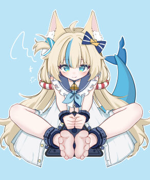 Rule 34 | 1girl, absurdres, ahoge, animal ear fluff, animal ears, banbanban li, barefoot, bell, blonde hair, blue background, blue bow, blue eyes, blue neckerchief, blue sailor collar, blue streaks, blunt bangs, blush, bound, bound legs, bound wrists, bow, buttons, cat ears, chinese commentary, clenched hands, closed mouth, collar, collarbone, commentary, dress, fang, feet, fins, fish girl, fish tail, foot focus, frilled dress, frilled sailor collar, frills, gold buttons, hair bow, hair ornament, highres, indie virtual youtuber, lifebuoy hair ornament, light smile, long hair, looking at viewer, low twintails, mixed-language commentary, multicolored hair, neck bell, neckerchief, one side up, outline, sailor collar, sailor dress, sameko saba, sameko saba (1st costume), short dress, simple background, sitting, skin fang, sleeveless, sleeveless dress, soles, solo, streaked hair, tail, toes, twintails, two-tone hair, very long hair, virtual youtuber, white dress, white outline