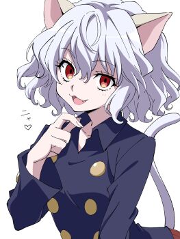 Rule 34 | 1girl, :d, animal ears, black shirt, buttons, cat ears, cat girl, cat tail, collared shirt, double-breasted, fang, grey hair, hair between eyes, hand up, heart, highres, hunter x hunter, long sleeves, looking at viewer, neferpitou, niyane, open mouth, red eyes, shirt, short hair, simple background, skin fang, smile, solo, tail, upper body, white background