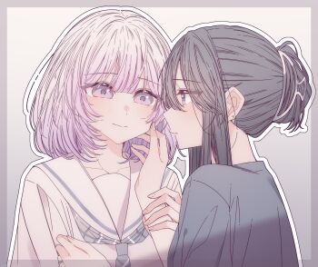 2girls black_hair black_shirt cheating_(relationship) closed_mouth commentary eye_contact gradient_hair hair_bun hashtag-only_commentary highres hitozuma_kyoushi_ga_oshiego_no_joshikousei_ni_dohamari_suru_hanashi holding_another's_wrist ichigohara_itsuki jewelry kousaka_0v0 looking_at_another multicolored_hair multiple_girls outline parted_lips pink_hair purple_eyes ring sailor_collar shirt smile togawa_rin wedding_ring white_hair white_outline white_sailor_collar white_shirt yuri