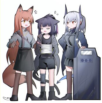 3girls :d absurdres animal_ear_fluff animal_ears arknights black_footwear black_hair black_shirt black_shorts black_skirt black_socks blue_jacket breasts brown_eyes brown_gloves brown_hair brown_pantyhose brown_thighhighs cat_ears cat_girl cat_tail closed_eyes collared_shirt ear_protection flying_sweatdrops franka_(arknights) gloves grey_hair grey_jacket grey_shirt half-closed_eye hand_on_another's_shoulder hand_on_own_hip high_heels highres horns jacket jessica_(arknights) knee_pads liskarm_(arknights) long_hair medium_breasts multicolored_hair multiple_girls notice_lines open_clothes open_jacket open_mouth over-kneehighs pantyhose paper_stack pleated_skirt ponytail purple_hair riot_shield shield shirt shoes shorts simple_background single_knee_pad single_leg_pantyhose single_over-kneehigh single_thighhigh skirt smile socks spam_(spamham4506) standing streaked_hair sweat tail thighhighs uneven_eyes very_long_hair white_background