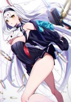 1girl :o absurdres animal_ears arched_back ass azarashi_(azrsot) azur_lane bare_shoulders black_hairband black_jacket black_skirt blunt_bangs breasts casing_ejection crop_top eyebrows_hidden_by_hair hairband halterneck high-waist_skirt highres huge_filesize jacket long_hair long_sleeves looking_at_viewer miniskirt no_bra open_clothes open_jacket pleated_skirt rabbit_ears shell_casing shimakaze_(azur_lane) short_eyebrows skirt small_breasts solo suspender_skirt suspenders thighs underboob very_long_hair white_hair yellow_eyes