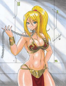 1girl 2021 absurdres blonde_hair blue_eyes breasts chain cleavage closed_mouth collar commission cosplay curvy hair_between_eyes hand_on_own_hip harness highres holding holding_chain huttslayer_leia huttslayer_leia_(cosplay) jewelry large_breasts leash loincloth long_hair metal_belt metal_collar metroid mole mole_under_mouth navel nintendo ornament ponytail princess_leia ravernclouk_design revealing_clothes samus_aran slave slave_clothes solo star_wars traditional_media