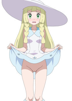 Rule 34 | 1girl, blonde hair, blunt bangs, blush, braid, breasts, clothes lift, collarbone, dress, dress lift, dripping, embarrassed, female focus, gluteal fold, green eyes, hat, highres, lifting own clothes, lillie (pokemon), long hair, looking at viewer, mnkr98, nintendo, no panties, open mouth, pokemon, pokemon sm, pussy, pussy juice, simple background, sleeveless, sleeveless dress, small breasts, solo, standing, straight-on, sun hat, thighs, third-party edit, twin braids, white background, white dress